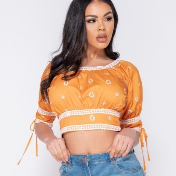 Orange Daisy Floral Print Lace Trim Short Sleeve Crop Top - Picture 7 of 13